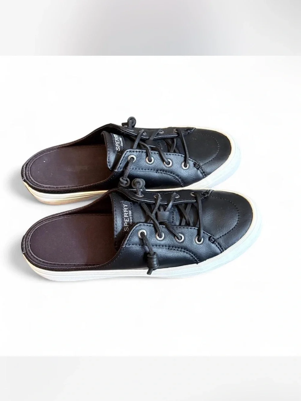 Sperry Women’s Size 7 Black Leather Boat Shoe Slip-Ons with White Sole